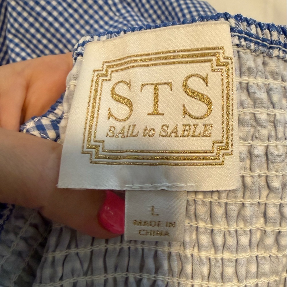 Sail to Sable STS Blue White Gingham RicRac Midi Maxi Smocked Strapless Dress L - Picture 5 of 7